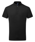A plain black short-sleeve shirt called "Shirts" features a stand collar and two-button placket, shown on a white background.