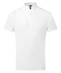 A plain white short-sleeved polo shirt with a mandarin collar and a single button at the neck, displayed against a white background.