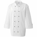 Premier's PR652 chef's jacket in white features a double-breasted design with black buttons and long sleeves.