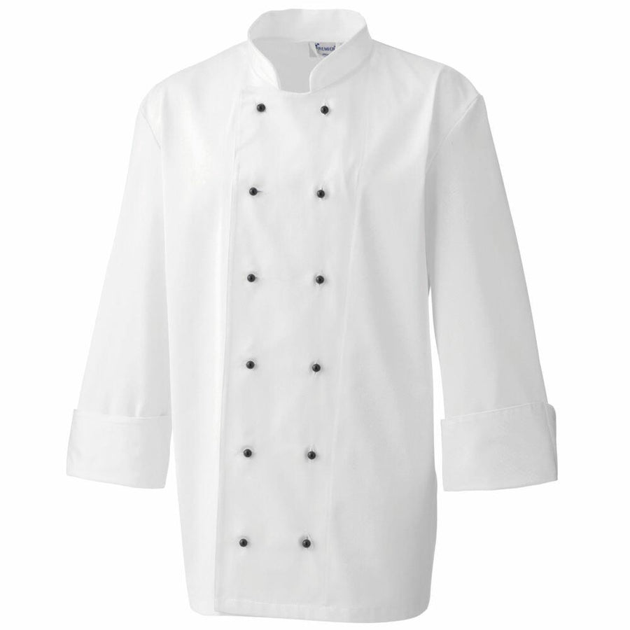 Premier's PR652 chef's jacket in white features a double-breasted design with black buttons and long sleeves.
