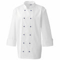 Premier's PR652 chef's jacket features a white double-breasted design with blue buttons and long sleeves, showcased on a plain background.