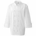 Premier's PR652 chef's jacket features a double-breasted design with long sleeves and a stand-up collar, adorned with dual rows of button details down the front.