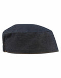 The Premier PR653 cap, featuring a dark blue denim design with a flat top and no visible decorations, is displayed against a white background.