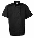 The Premier PR656 is a black short-sleeve chef's jacket featuring a double-breasted design and a mandarin collar.