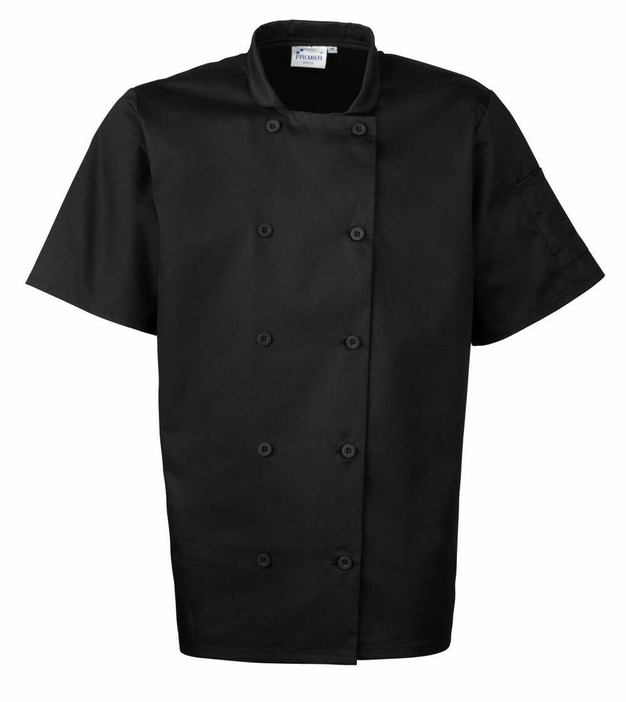 The Premier PR656 is a black short-sleeve chef's jacket featuring a double-breasted design and a mandarin collar.