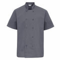 PR656 chef coat by Premier, featuring a short-sleeved, double-breasted design with black buttons, presented on a white background.