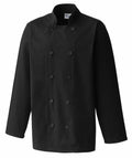 Premier's PR657 chef coat features a black double-breasted design, long sleeves, a buttoned front, and a standing collar against a white backdrop.