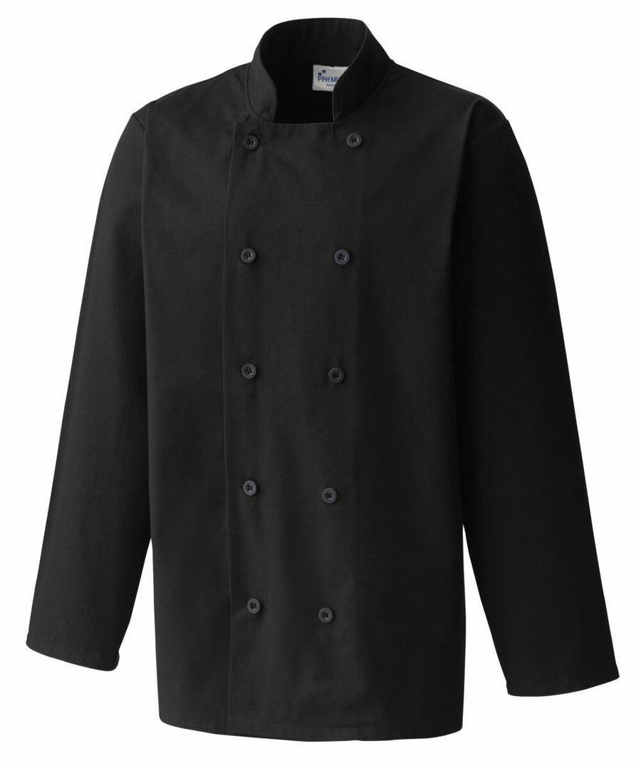 Premier's PR657 chef coat features a black double-breasted design, long sleeves, a buttoned front, and a standing collar against a white backdrop.