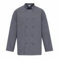 The Premier PR657 is a chef jacket designed with a double-breasted front in gray, complete with long sleeves, a mandarin collar, and a row of black buttons.