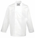 Premier's PR657 is a white chef jacket featuring long sleeves, a double-breasted design, and six buttons, displayed against a plain background.
