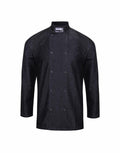 Premier PR660 chef jacket in black features long sleeves, a mandarin collar, and a double-breasted button design.