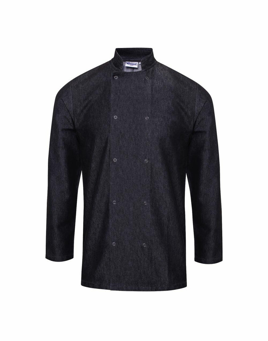 Premier PR660 chef jacket in black features long sleeves, a mandarin collar, and a double-breasted button design.