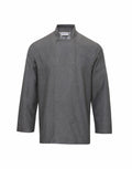 The Premier PR660 gray chef jacket is showcased on a white background. It includes long sleeves, a mandarin collar, and a double-breasted front.