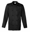 Premier's PR661 features a black long-sleeve chef's jacket with a double-breasted front, adorned with black buttons, set against a white background.