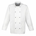 Premier PR661 chef's jacket featuring a white double-breasted design, black buttons, and long sleeves against a plain background.