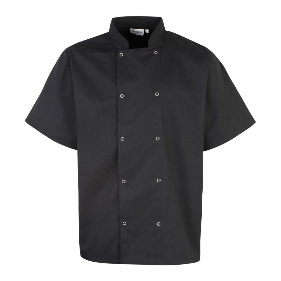 The PR664 by Premier is a black short-sleeve chef jacket featuring a double-breasted front, silver buttons, and a mandarin collar.