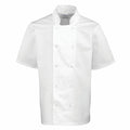 The PR664, a white, short-sleeve chef's jacket from Premier, features a double-breasted button-up front and a stand-up collar, displayed against a plain background.