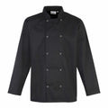 Premier's PR665 chef's jacket, featuring long sleeves and silver buttons, showcased on a white background.
