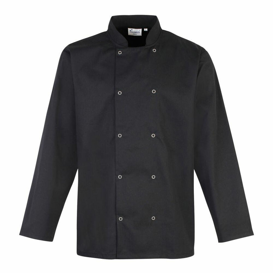 Premier's PR665 chef's jacket, featuring long sleeves and silver buttons, showcased on a white background.