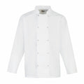 Premier's PR665 features a white double-breasted chef's jacket with long sleeves and silver buttons, displayed against a plain white background.