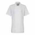 Premier's PR670 is a white short-sleeve chef jacket featuring a double-breasted front and a pocket on the left sleeve.