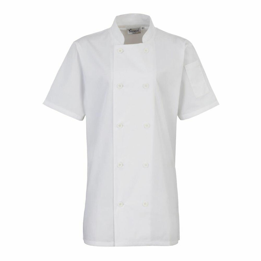 Premier's PR670 is a white short-sleeve chef jacket featuring a double-breasted front and a pocket on the left sleeve.