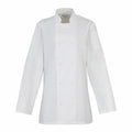 Introducing the Premier PR671: a white, long-sleeved, double-breasted chef jacket featuring a convenient pocket on the left arm.