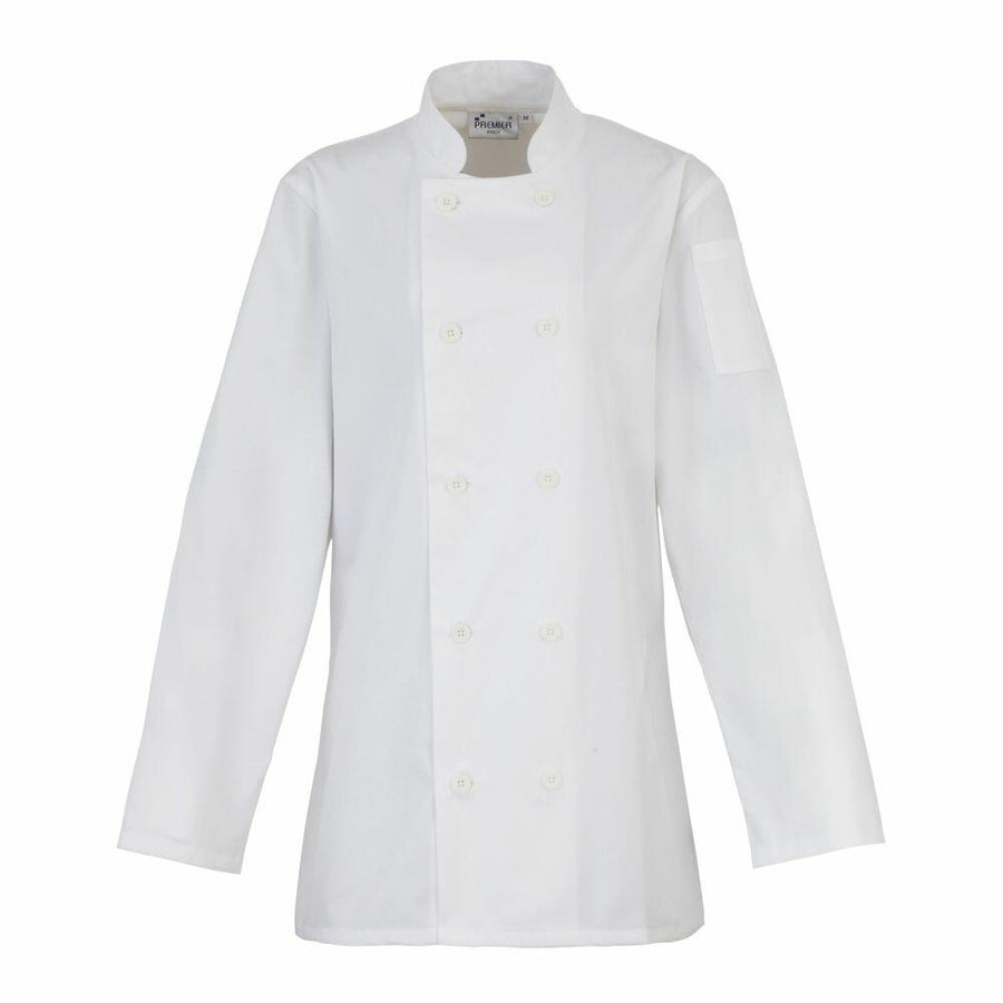 Introducing the Premier PR671: a white, long-sleeved, double-breasted chef jacket featuring a convenient pocket on the left arm.
