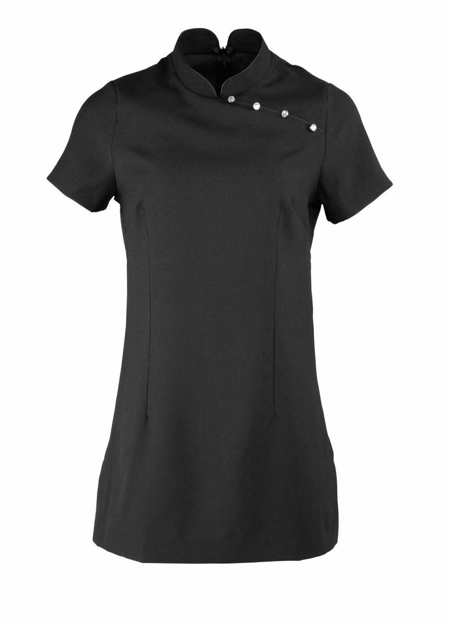 Premier's PR681 is a black short-sleeve top featuring a high collar and pearl-like buttons arranged diagonally across the chest.