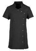 Premier's PR682 is a black tunic featuring short sleeves, an asymmetrical button closure, and a high collar.