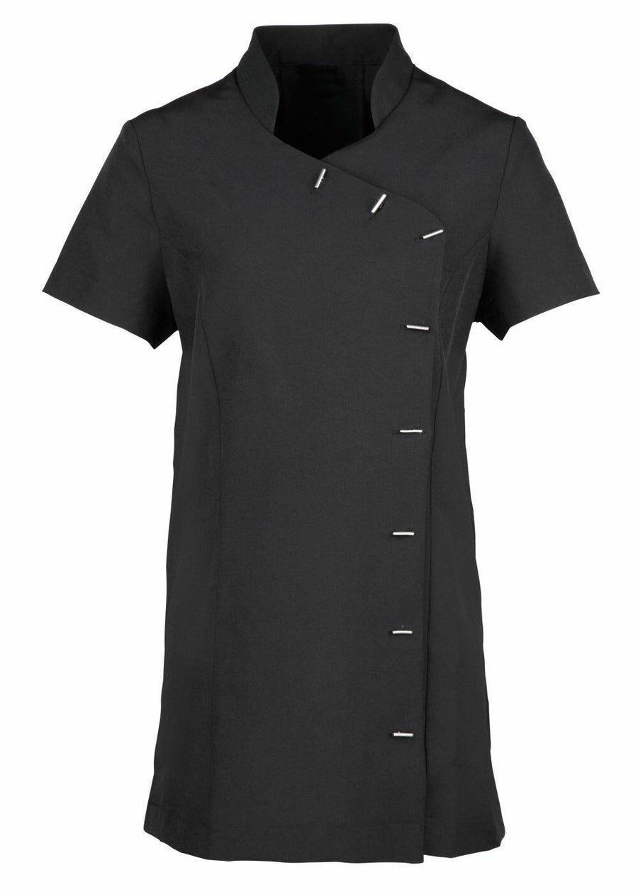 Premier's PR682 is a black tunic featuring short sleeves, an asymmetrical button closure, and a high collar.