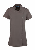 Premier's PR682 short-sleeve uniform blouse features an asymmetrical button closure and a standing collar, presented in gray against a white background.