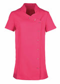 The PR682 from Premier is a bright pink, short-sleeved women's tunic featuring a high collar and an asymmetrical button design down the front for a sleek and professional appearance.