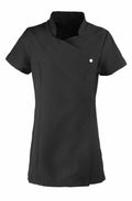 The Premier PR683 is a short-sleeved black asymmetrical top featuring button detail near the collar.