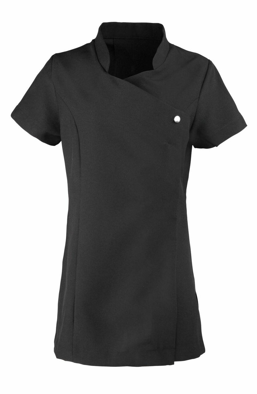 The Premier PR683 is a short-sleeved black asymmetrical top featuring button detail near the collar.