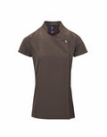 The PR683 by Premier is a brown short-sleeve shirt featuring a high collar and an asymmetrical front design, with a small logo on the chest.