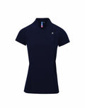 The Premier PR683 is a tailored women's blouse in navy blue, featuring short sleeves, a mandarin collar, and an asymmetrical button detail on the chest. It is presented against a plain white background.