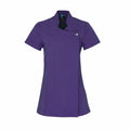 The Premier PR683 tunic is a short-sleeved, purple top featuring an asymmetrical front design and a single button closure near the collar, offering a professional and clean appearance.