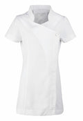 The PR683 by Premier is a white short-sleeved uniform top, ideal for nursing or chef professionals, featuring a wrap design and button closure on the left side. It boasts a high collar and is presented against a plain white background.