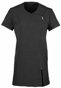 Premier's PR686 is a black short-sleeve dress featuring a diagonal front zipper and an asymmetric collar.