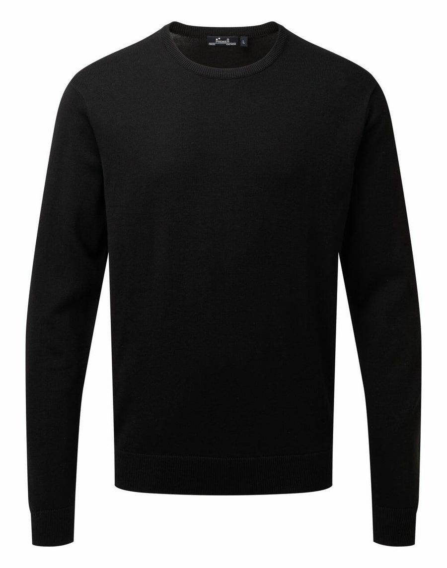 Premier's PR692 black crewneck sweater features a classic design with long sleeves.