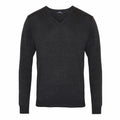 A Premier PR694 V-neck sweater in dark gray with long sleeves, displayed against a white background, featuring a simple, classic design.