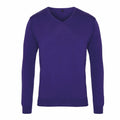 The Premier PR694 is a purple V-neck sweater with long sleeves, showcased against a plain white background. The sweater is neatly folded with no visible logos or patterns.