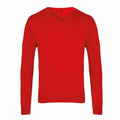 A vibrant red, long-sleeve V-neck sweater from Premier's PR694 collection is displayed against a plain white background. The sweater features a simple and classic design, making it perfect for casual wear.