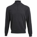 Premier's PR695 is a dark grey quarter-zip sweater featuring long sleeves, ribbed cuffs, and a hem.