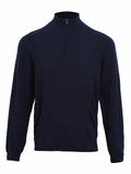 A standalone image featuring the PR695, a Premier brand quarter-zip sweater in navy blue with long sleeves, presented against a white backdrop.