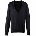 The Premier PR697 is a black cardigan featuring long sleeves, a V-neck, and front buttons.