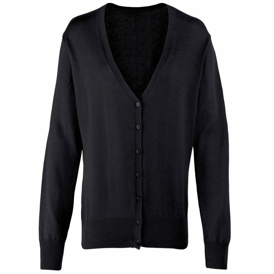 The Premier PR697 is a black cardigan featuring long sleeves, a V-neck, and front buttons.