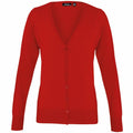 Introducing the Premier PR697: a bright red cardigan featuring long sleeves, a V-neck, and a button-up front. This garment boasts a smooth texture with ribbed cuffs and hem, beautifully displayed on a white background.
