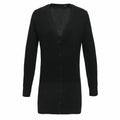 A Premier PR698 black V-neck cardigan featuring long sleeves and front buttons, showcased on a white background.